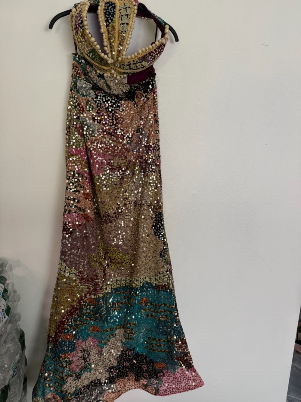 Embellished Multicolor Maxi Dress with Pearl-Trim Halter